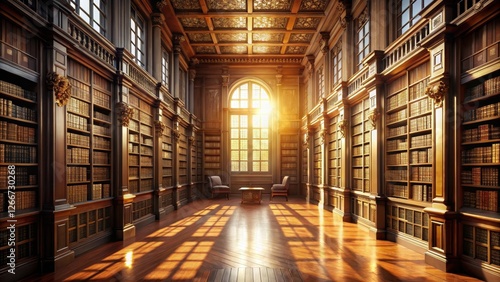 Wallpaper Mural Serene Sunlight Illuminates a Grand Hall Filled with Ancient Books and Rich Wooden Bookcases Torontodigital.ca