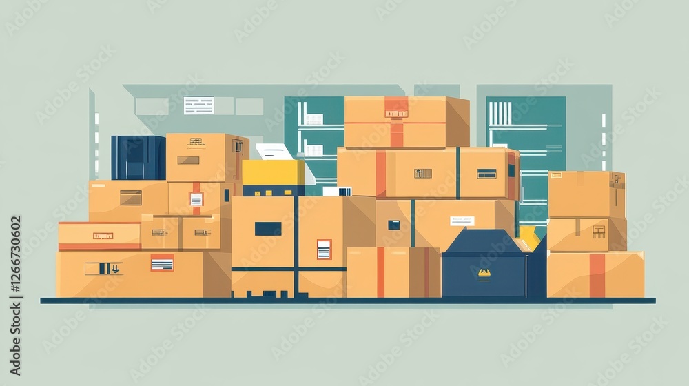 Packaging solutions flat design side view shipping efficiency theme cartoon drawing Split-complementary color scheme.