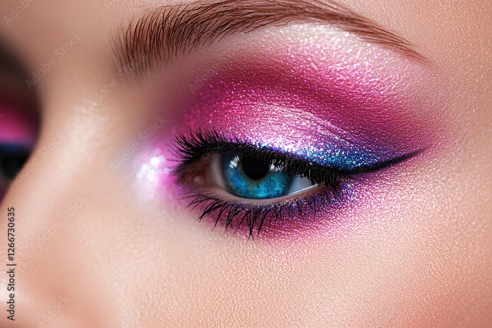 Obraz premium Close - up of a woman with vibrant full - color eyeshadow in pink, purple, and blue