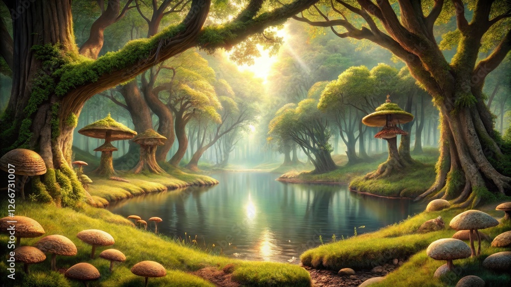 Fototapeta premium Enchanted Forest River Scene Giant Mushrooms, Mossy Trees, and Sunlight Filtering Through the Canopy