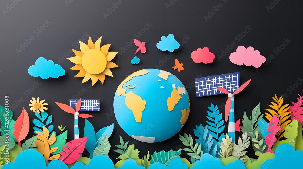 Naklejka premium Explore a Vibrant World: Eco-Friendly Renewable Energy Journey with Nature's Colors and Interactive Elements for a Sustainable Future