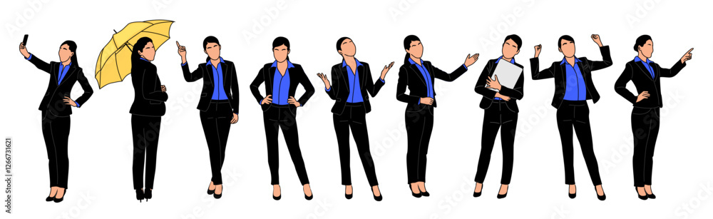 Set of Business woman character in different poses. Pretty young lady boss in formal suit standing front, side, back, rear view, pointing. Vector outline illustration isolated ontransparent background Set of Business woman character in different poses. Pretty young lady boss in formal suit standing front, side, back, rear view, pointing. Vector outline illustration isolated ontransparent background