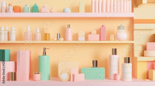 Product packaging flat design side view retail display theme 3D render Complementary Color Scheme.