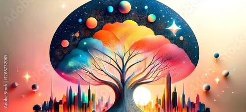 Art neon painting Abstract colorful  big tree neon light in the night sky in the cityscape under a starry night sky and moonlight, featuring silhouettes of trees, water, and cityscape background desig photo