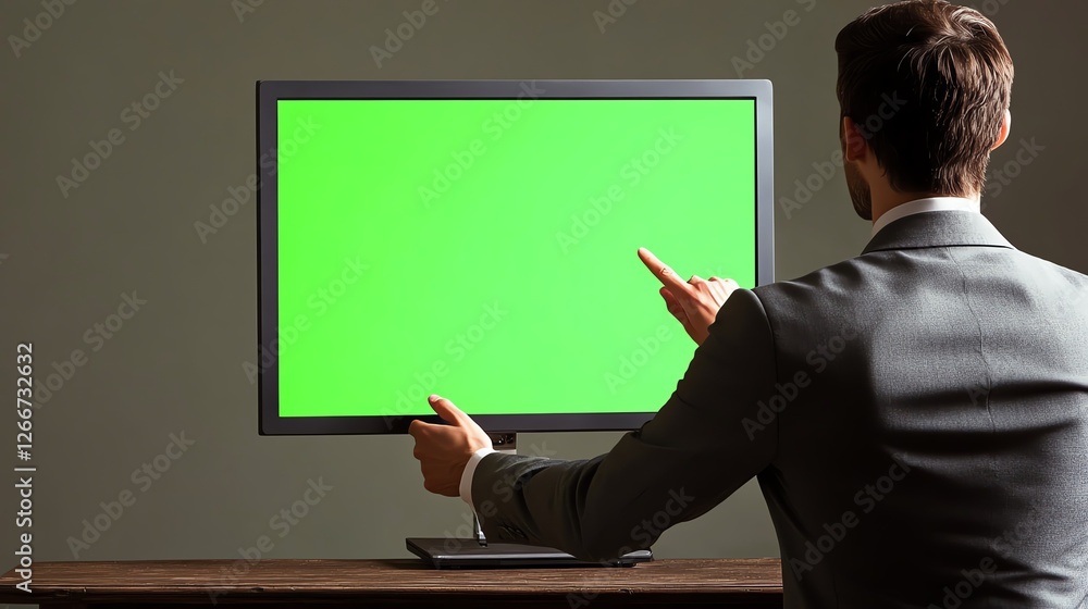 Businessman presenting on greenscreen monitor Businessman presenting on greenscreen monitor