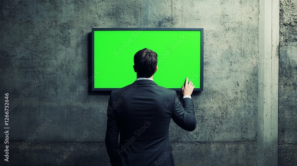 Businessman interacting with green screen display. Businessman interacting with green screen display.