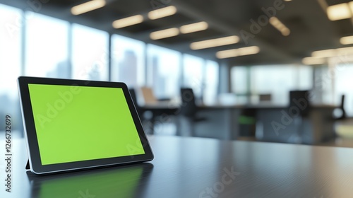 Tablet on modern office desk, green screen.