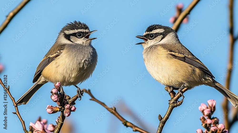 Fototapeta premium Birds singing on flowering branch, spring sky