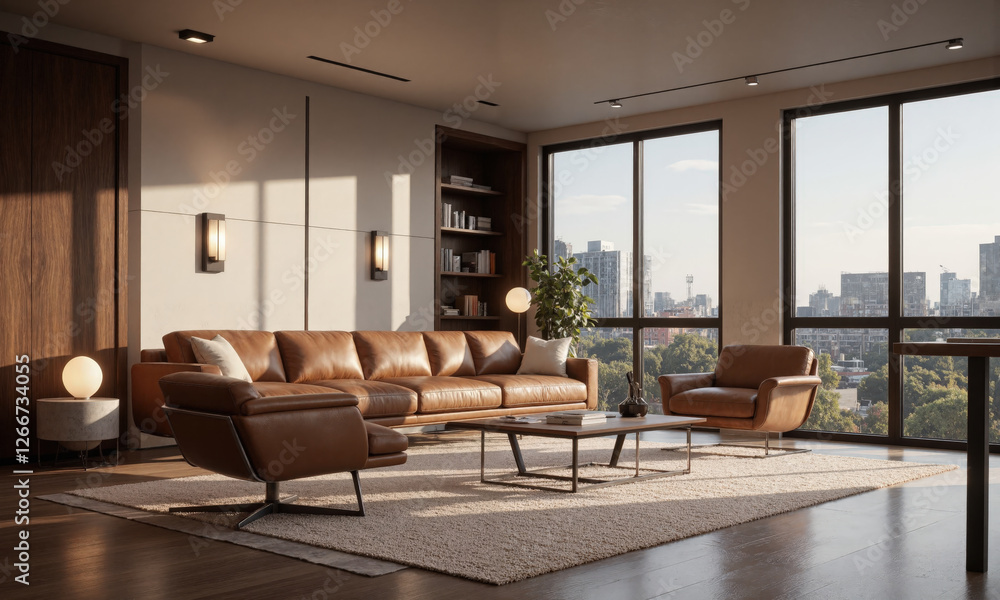 Fototapeta premium Sophisticated office lounge with modern leather chairs, a sleek wooden coffee table, and soft plush rugs. Task lighting is focused on the work