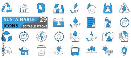 Sustainable icon set. Collection of renewable energy, ecology and green electricity icons. green energy icons. Vector illustration.