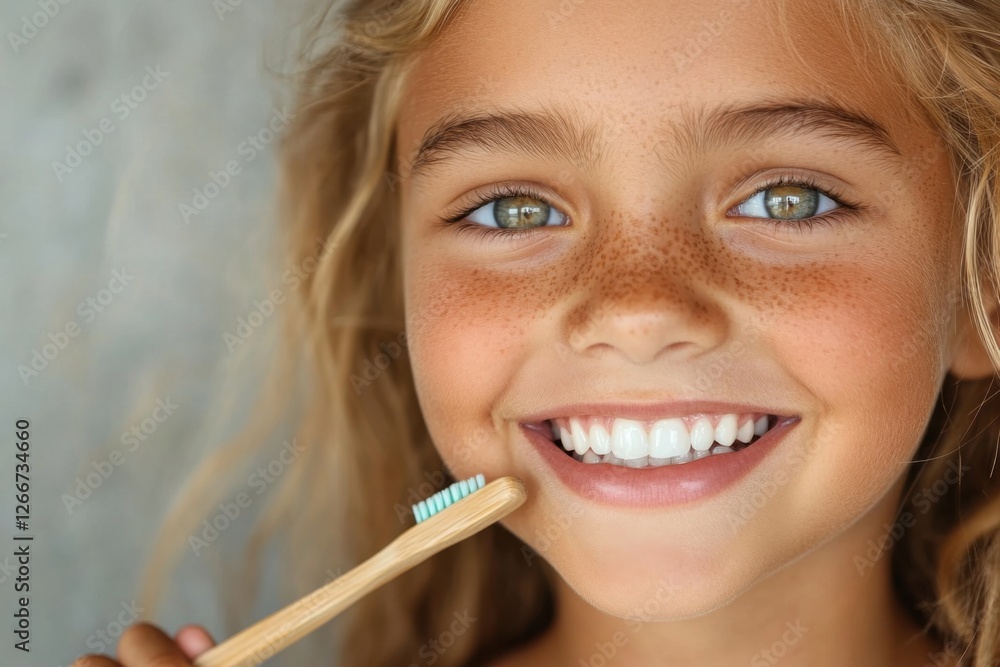 Portrait of a carefree little girl, child brushing her teeth with a wooden toothbrush. kid is smiling and enjoying this activity. oral care, caries prevention, whitening. toothpaste for children Portrait of a carefree little girl, child brushing her teeth with a wooden toothbrush. kid is smiling and enjoying this activity. oral care, caries prevention, whitening. toothpaste for children