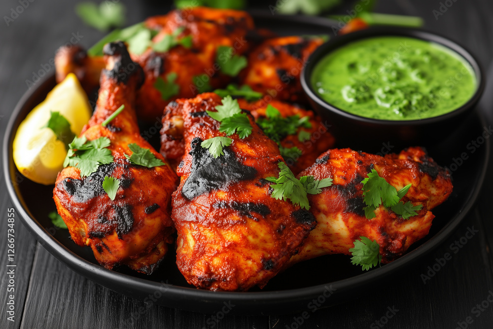 Fototapeta premium A juicy, perfectly charred tandoori chicken served on a black ceramic plate. Indian food. 