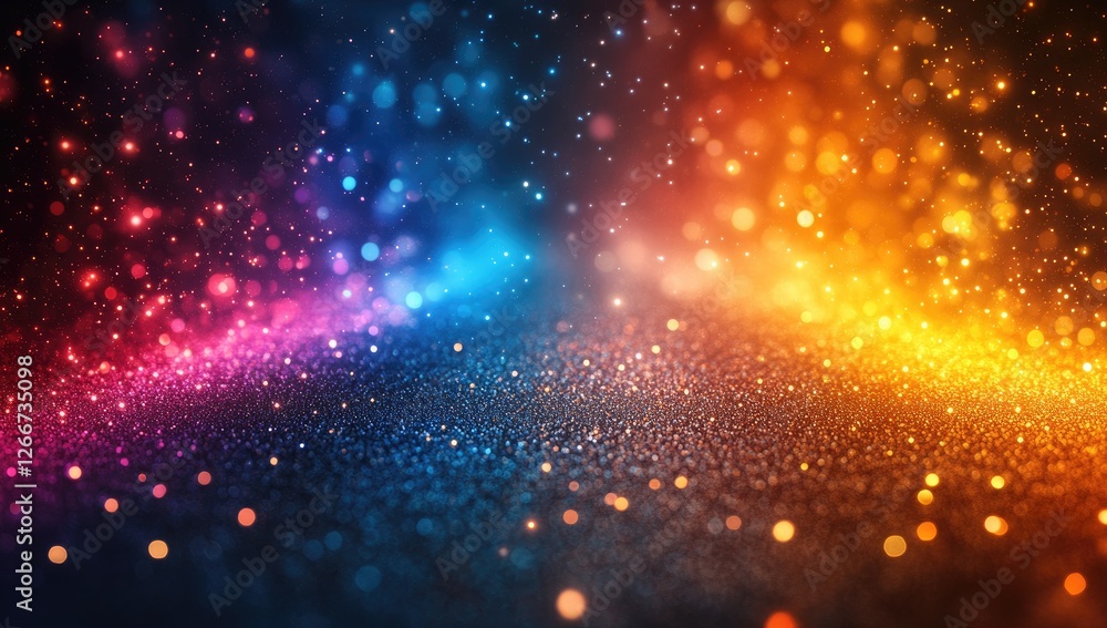 Abstract vibrant glowing lights display dynamic color combination, sparkling glitter effect on a dark background with a warm orange and cool blue gradient, bokeh, glitter, bright light Abstract vibrant glowing lights display dynamic color combination, sparkling glitter effect on a dark background with a warm orange and cool blue gradient, bokeh, glitter, bright light