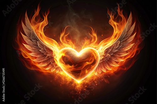 A heart with wings is surrounded by fire