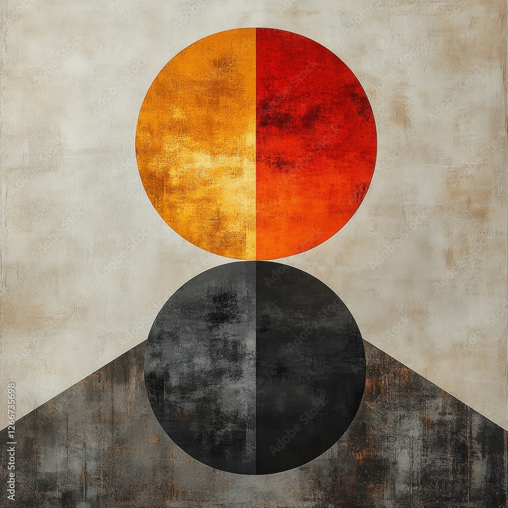 Abstract geometric composition featuring contrasting circles and shapes in warm and cool tones with textured background for modern decor Abstract geometric composition featuring contrasting circles and shapes in warm and cool tones with textured background for modern decor