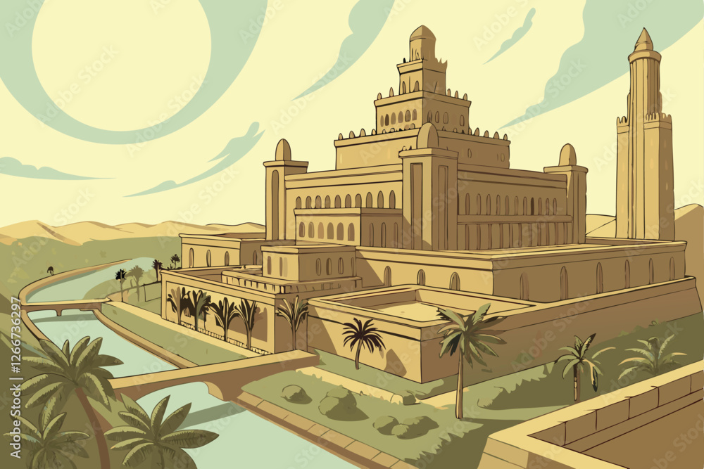 Fototapeta premium A highly detailed, photorealistic illustration of a massive, ancient cityscape, with intricate architecture and a vast network of canals and waterways. The city is built in a warm, golden-brown col