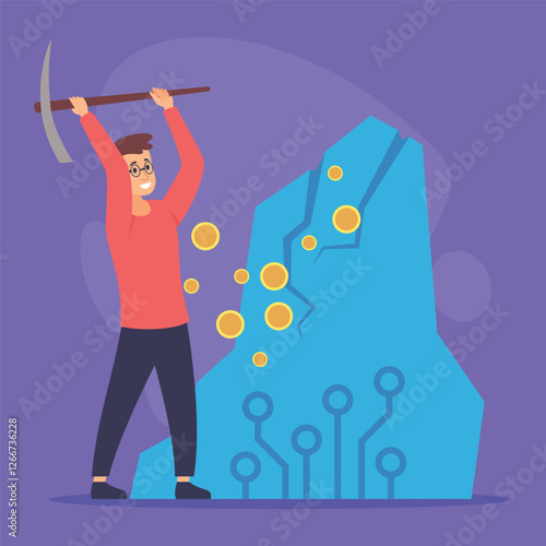 Person holding pickaxe above head and mining rock formation adorned with glowing coins and digital circuits. Cryptocurrency exploration and finance concept