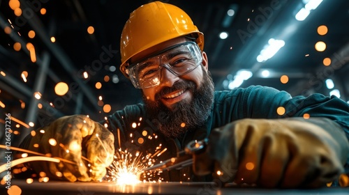 Smiling Metalworker Welding in Factory