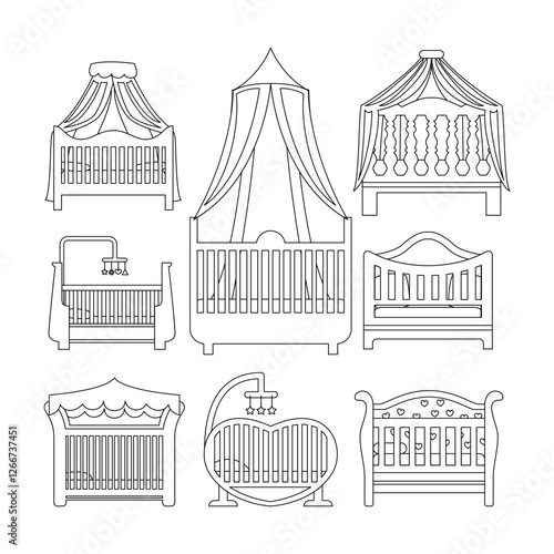 Baby cot doodle outline set collection, infant bed set collection, Set of different baby crib on white background, Infant in cradle, Baby crib icon, baby bed vector icons collection with netting.