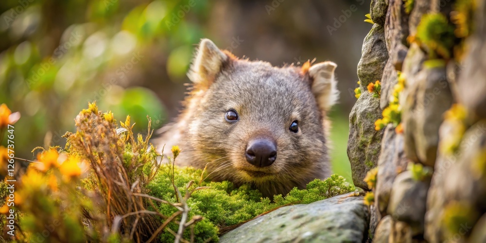 A curious young marsupial peering from behind a mossy stone wall in a sun-drenched natural habitat A curious young marsupial peering from behind a mossy stone wall in a sun-drenched natural habitat