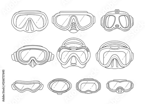 Diver mask doodle outline set collection, Set of Diving Equipment Snorkeling Masks, Scuba Diver Tools, Underwater Glasses, Mouthpiece Tube for Swimming accessories isolated on white background.