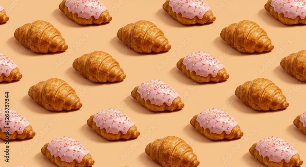 Pattern of Fresh croissant against a pastel peach background, showcasing their flaky layers and golden crusts. Perfect for bakery promotions and breakfast themes.
Pattern of Fresh croissant against a pastel peach background, showcasing their flaky layers and golden crusts. Perfect for bakery promotions and breakfast themes.