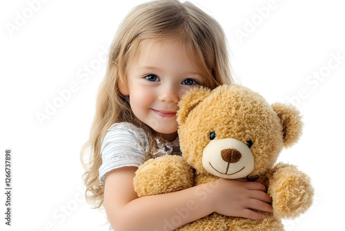 A little girl hugging a cute teddy bear Isolated on white background.