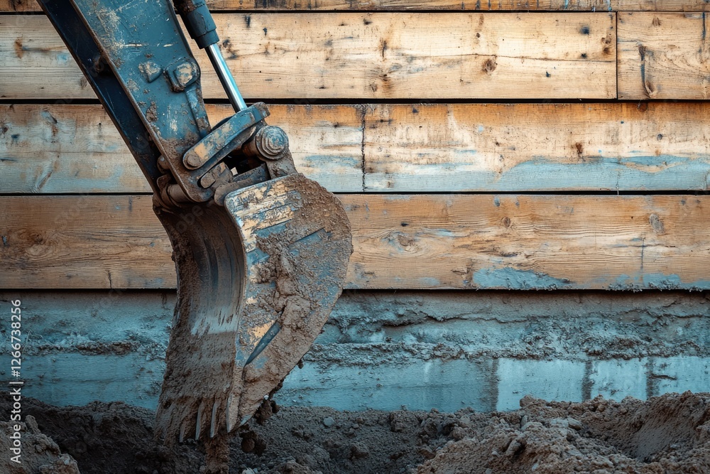 A muddy excavator bucket against a wooden wall during construction work. A muddy excavator bucket against a wooden wall during construction work.