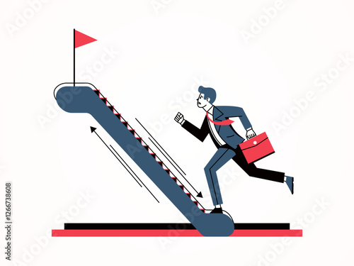 Employee walking on escalator, flat cartoon. Suitable for career and business