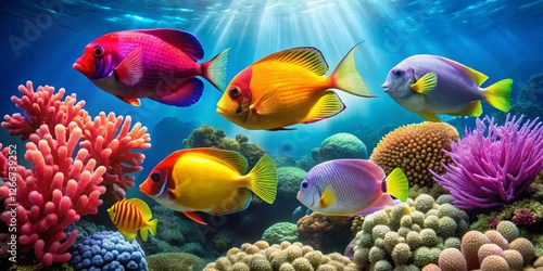 Vibrant Underwater Scene with Colorful Tropical Fish and Corals photo