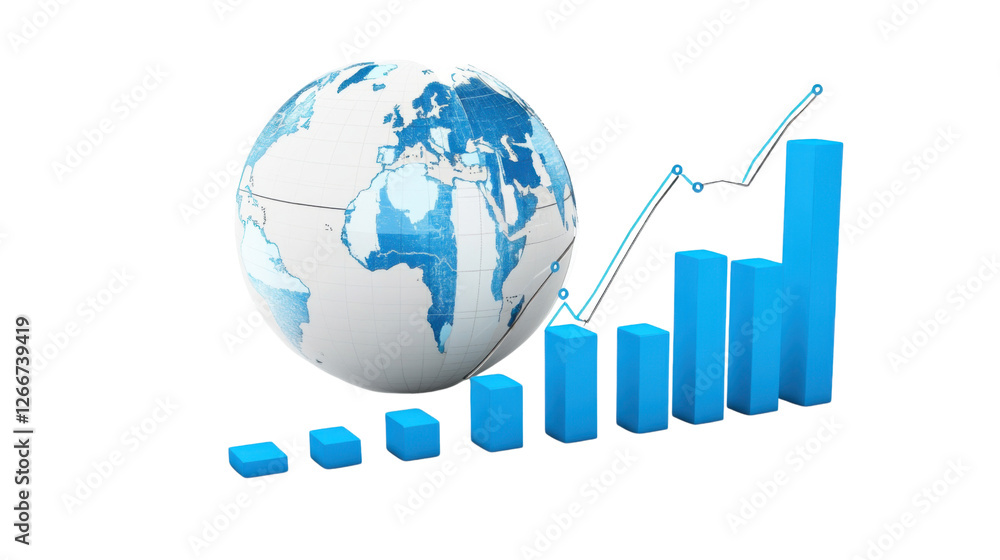 Fototapeta premium A_digital_globe_with_a_graph_line_and_bar_cha asolated on white background 