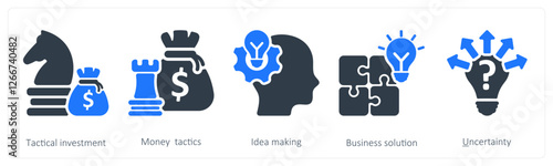 A set of 5 business icons as tactical investment, money tactics, idea making