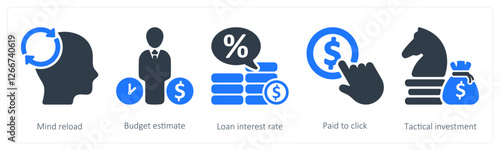 A set of 5 business icons as mind reload, budget estimate, loan interest rate