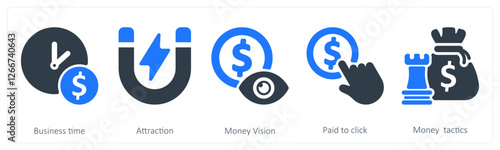 A set of 5 business icons as business time, attraction, mony vision