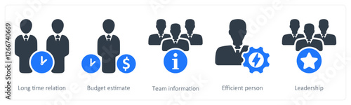 A set of 5 business icons as loan time relation, budget estimate, team information