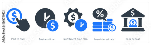 A set of 5 business icons as paid to click, business time, investment time plan