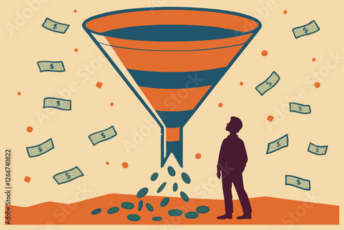  Surreal artwork, giant inverted funnel, silhouette of person, raining money bills, orange and blue color scheme, textured background, metaphorical illustration, financial concept, wealth accumulati