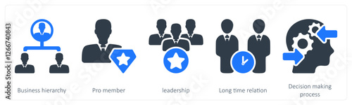 A set of 5 business icons as business hierarchy, pro member, leadership