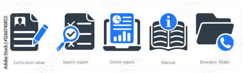 A set of 5 business icons as curriculum value, search report, online report