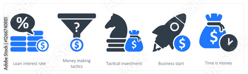 A set of 5 business icons as loan interest rate, money making tactics, tactical investment