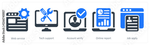 A set of 5 business icons as web service, tech support, account verify