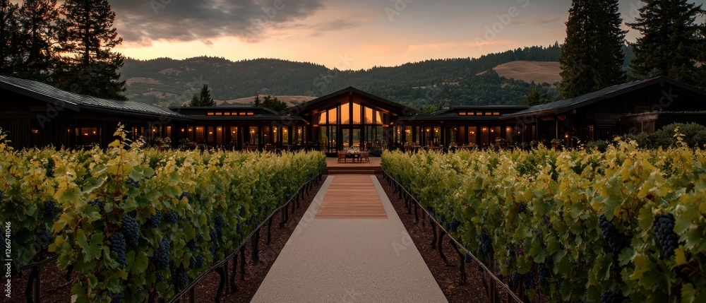 Fototapeta premium Vineyard Pathway Leads to Winery at Sunset