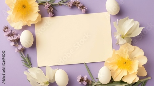 Easter - inspired arrangement with a blank card surrounded by white eggs, yellow and white flowers, and lavender on a purple background, suitable for greeting card designs and festive decorations.