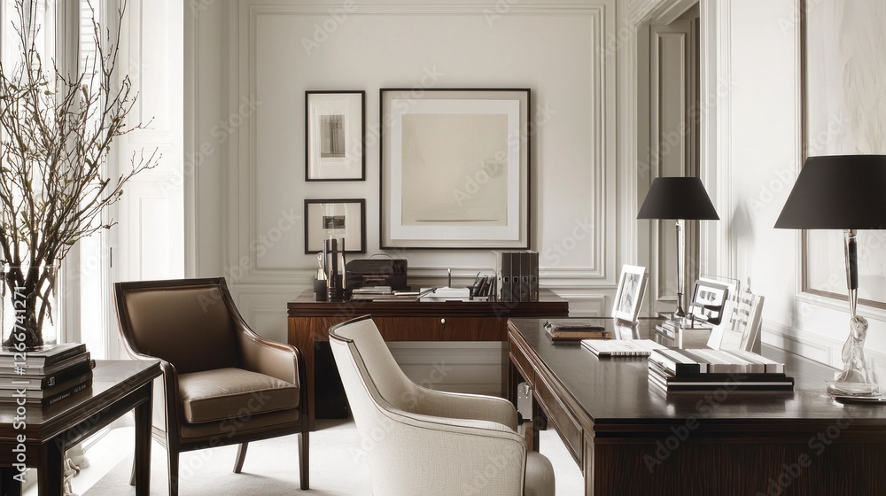 Elegant Home Office Interior Design: Sophisticated Workspace with Classic Furniture and Decor Elegant Home Office Interior Design: Sophisticated Workspace with Classic Furniture and Decor