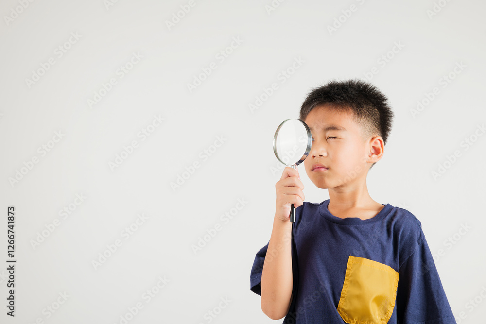 Asian little kid boy funny looking through magnifying glass at studio shot isolated on white background, Happy primary child lifestyle smiling exploring holding magnifier searching, Education Asian little kid boy funny looking through magnifying glass at studio shot isolated on white background, Happy primary child lifestyle smiling exploring holding magnifier searching, Education