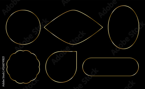 Golden thin frame set. Gold Round circle shapes borders in art deco style. Thin linear premium and luxury free form shape collection. glowing shiny border, element Vector for photo, cadre, poster