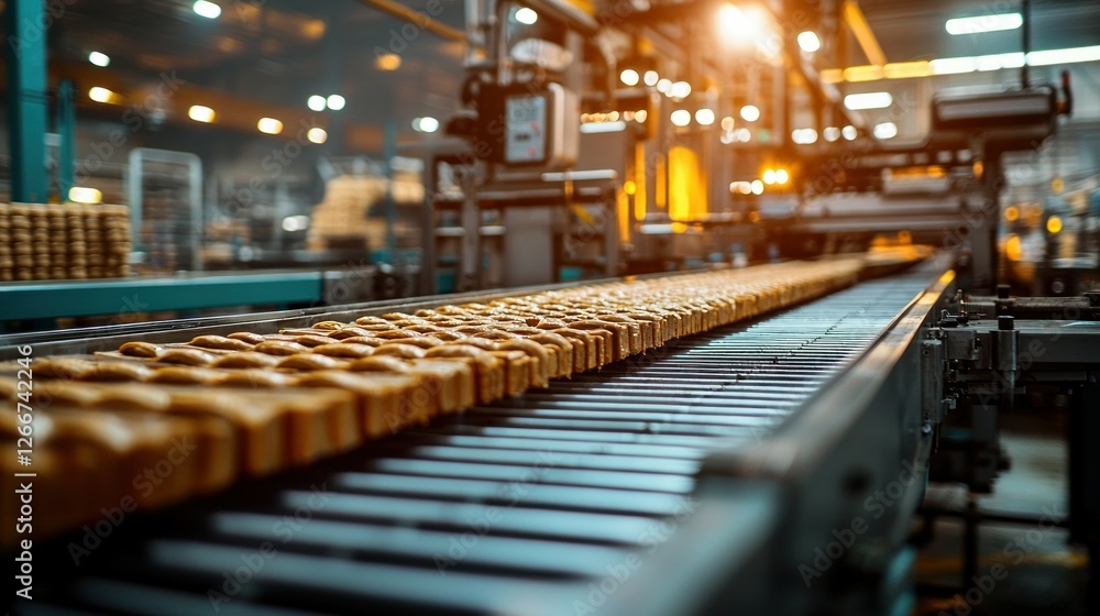Bread loaves on conveyor belt in bakery factory Bread loaves on conveyor belt in bakery factory