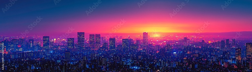 Fototapeta premium A hyper-realistic city skyline at twilight, blending infrared film photography with digital double exposure, surreal yet authentic, deep contrast, striking colors, dreamlike ambiance
