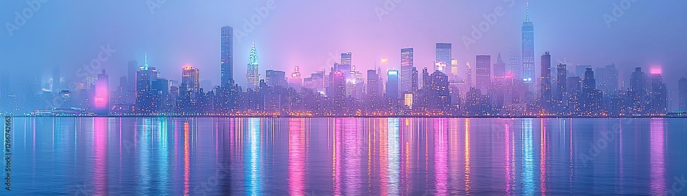 Fototapeta premium A hyper-realistic city skyline at twilight, blending infrared film photography with digital double exposure, surreal yet authentic, deep contrast, striking colors, dreamlike ambiance