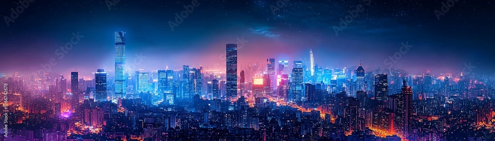 Fototapeta premium A hyper-realistic city skyline at twilight, blending infrared film photography with digital double exposure, surreal yet authentic, deep contrast, striking colors, dreamlike ambiance